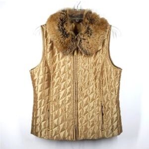 KASPER WOMENS CHIC GOLD FAUX FUR TRIMMED QUILTED VEST size L
